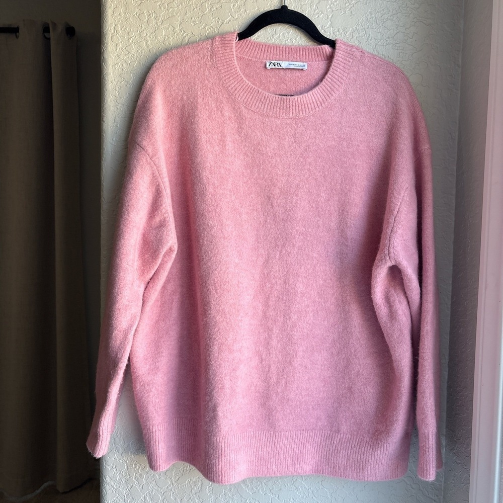 Zara Women M Crewneck Sweater Pink Wool Blend Long‎ Sleeve Oversized Soft Cozy